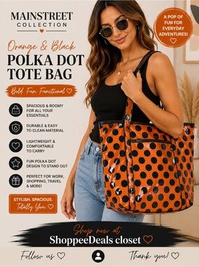 Mainstreet Collection (MSC) Orange & Black Polka Dot Tote Bag